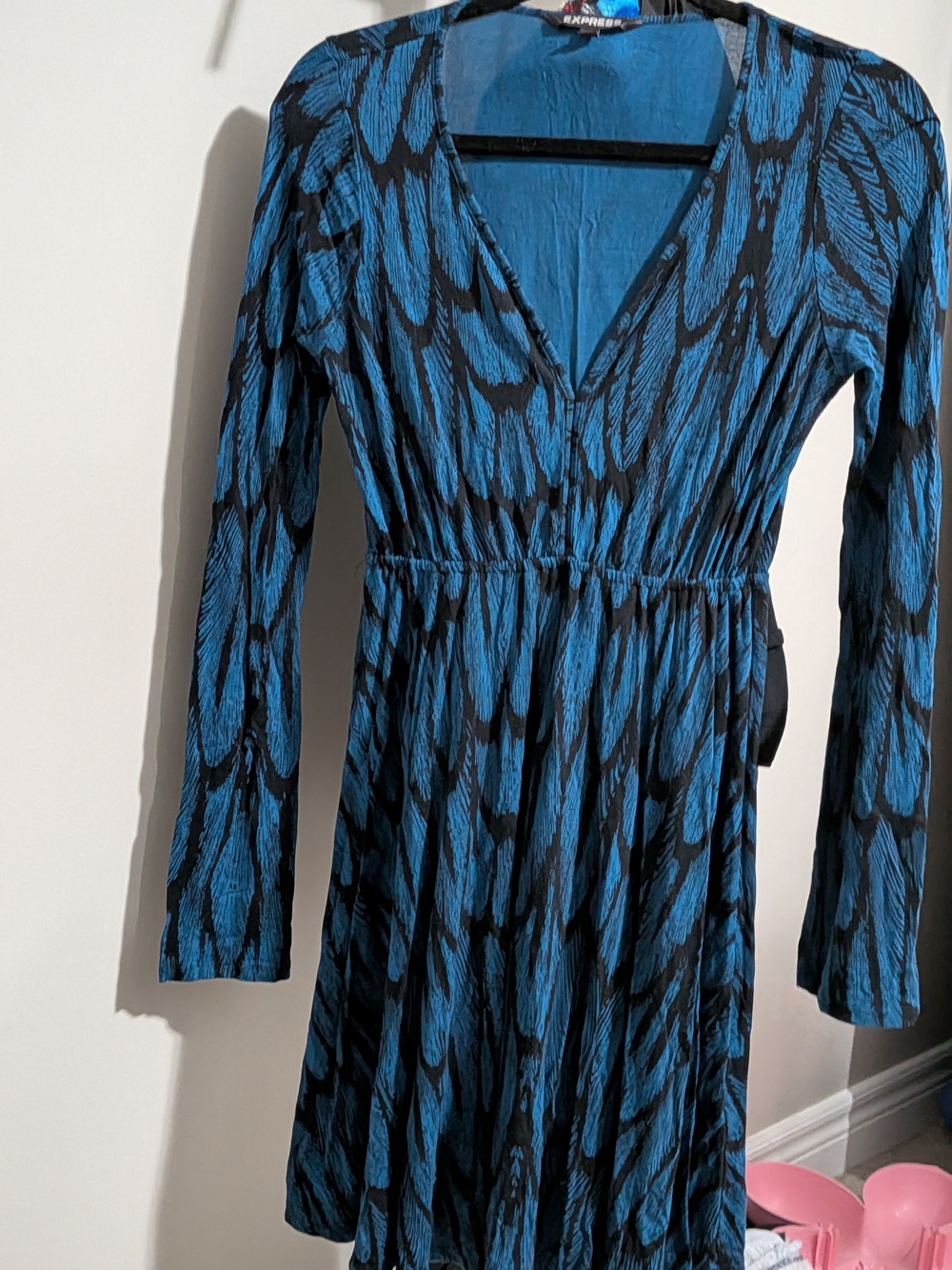 Express Blue and Black Patterned Long-Sleeve Dress
